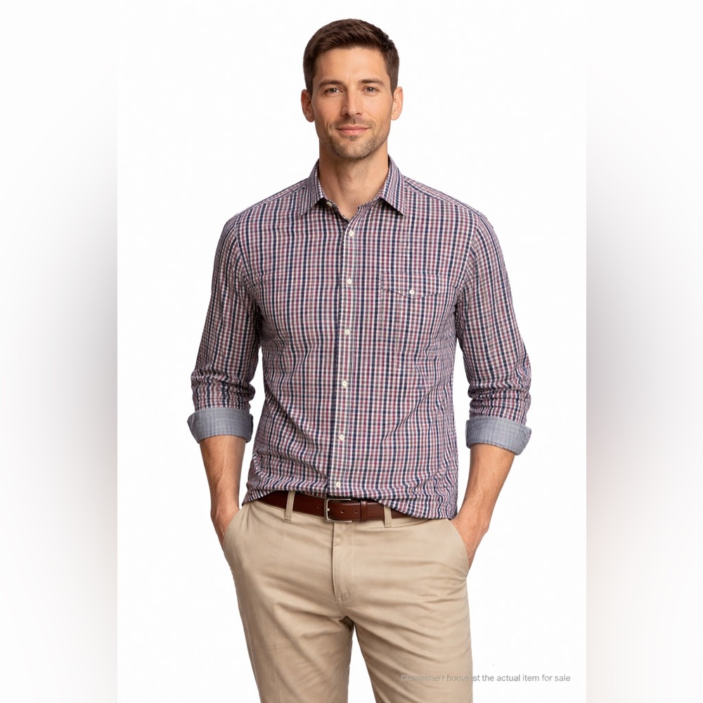 Coastal Preppy Button-Up Shirt Cotton Blue Check Stripe Casual M